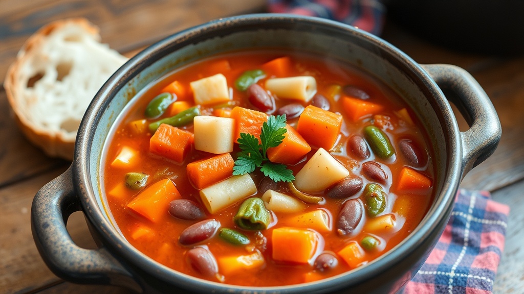 Classic Italian Minestrone Soup Recipe A hearty bowl of Minestrone soup with vegetables and pasta, garnished with parsley, on a rustic table with bread.